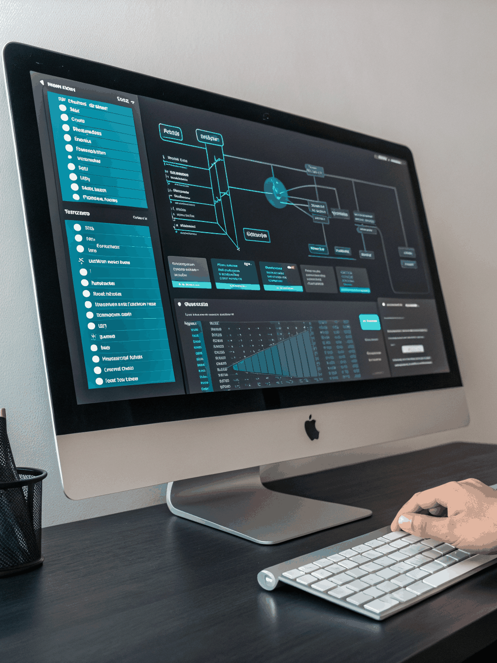 High-tech digital interface showing business growth metrics and code